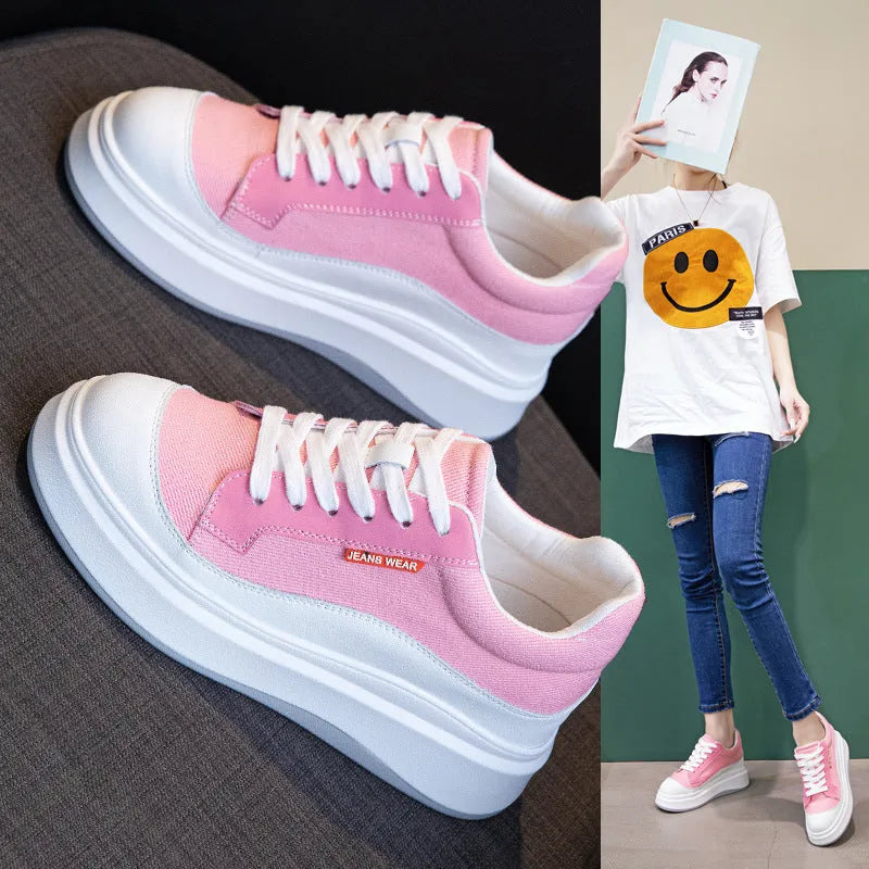 Women's beige and pink thick-soled leather board shoes on a white background.