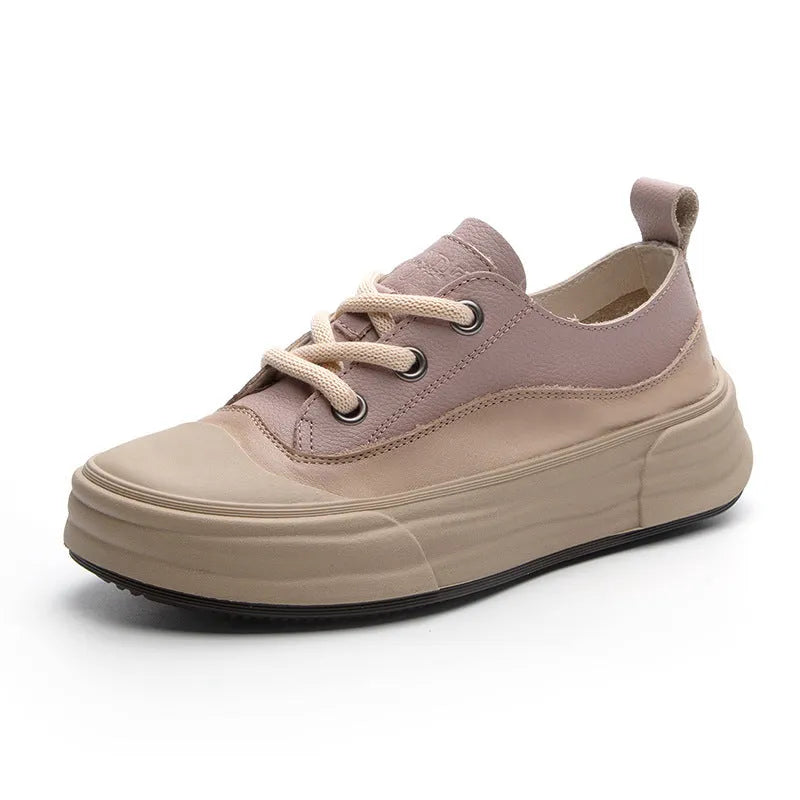 Women's matcha green leather platform sneakers with round toe and lace-up front.