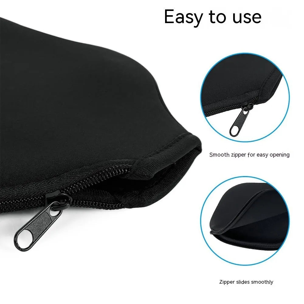 Black neoprene protective sleeve for table tennis racket on a table tennis table