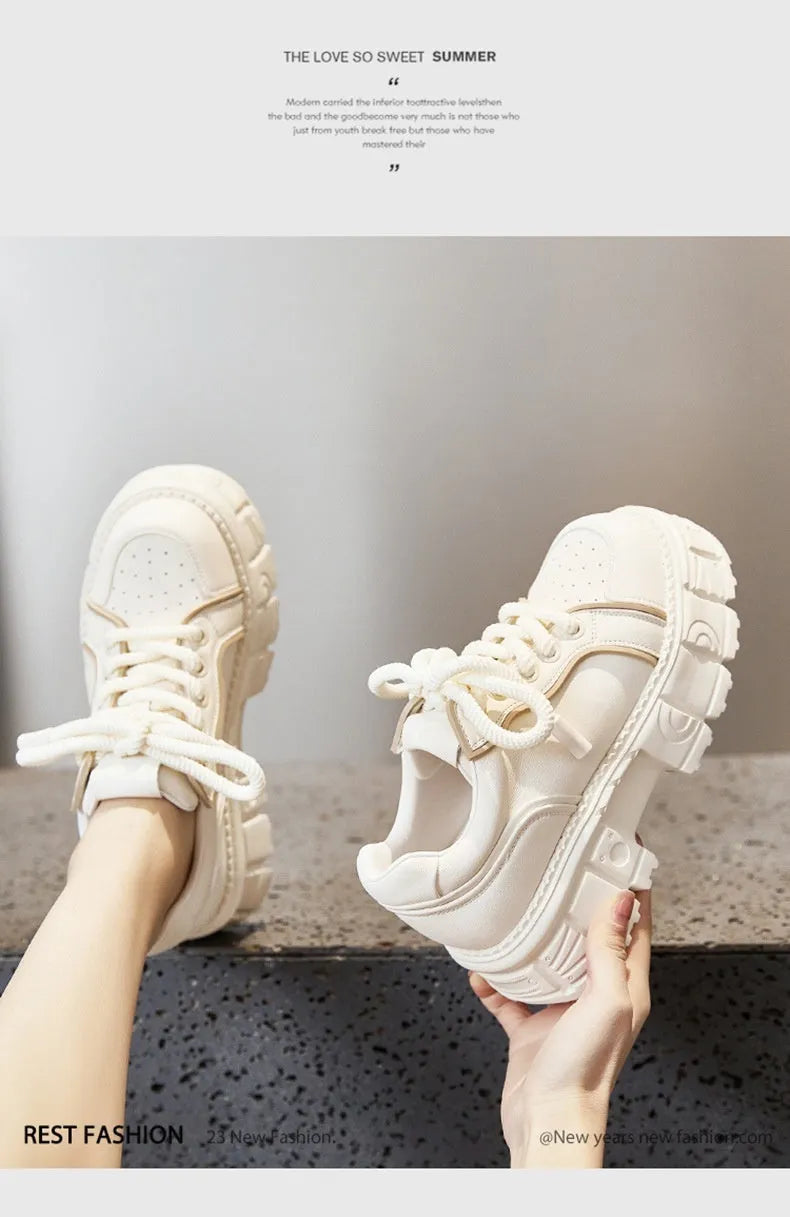 Women's beige casual leather shoes with height increasing rubber foam soles in UK size 37
