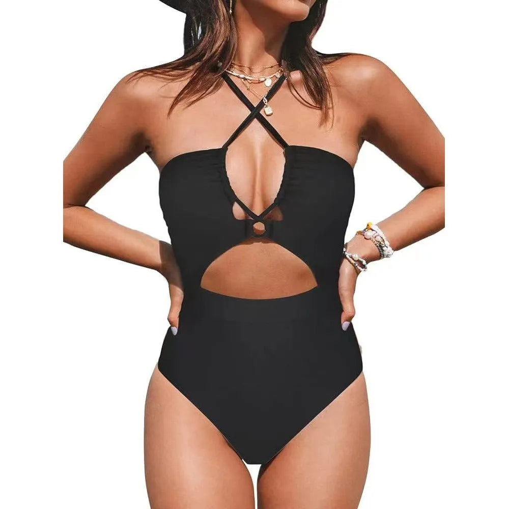 Women's backless one-piece swimsuit in waterproof polyester fabric with spandex lining