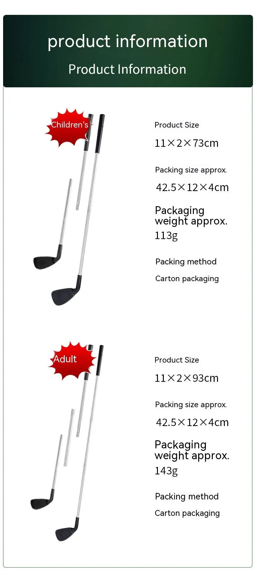 Metal golf club set showing adult and children's size options for outdoor practice