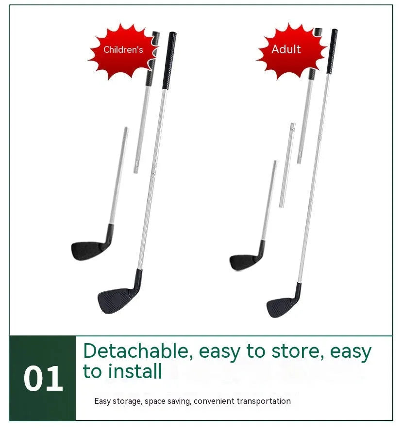 Metal golf club set showing adult and children's size options for outdoor practice