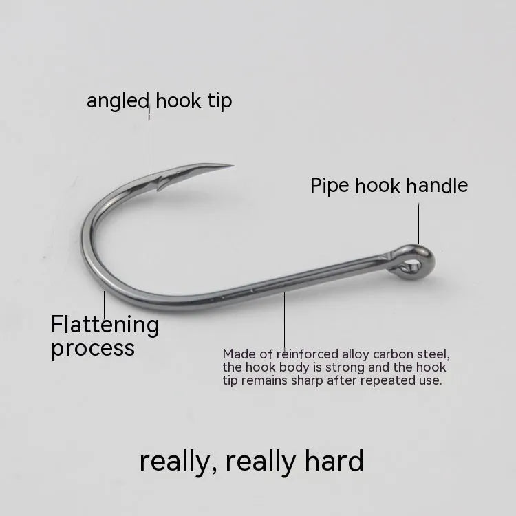 Bulk pack of barbed fishing hooks with crooked mouth and hole ring in alloy carbon steel.