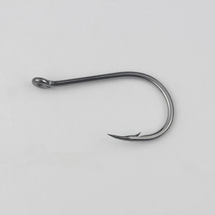 Bulk pack of barbed fishing hooks with crooked mouth and hole ring in alloy carbon steel.