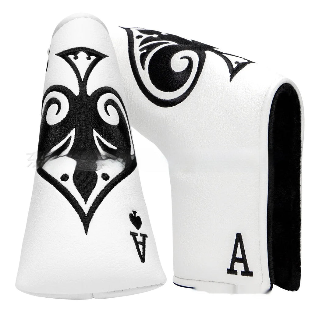 A black PU golf putter sleeve cover designed to protect a standard-sized club head.