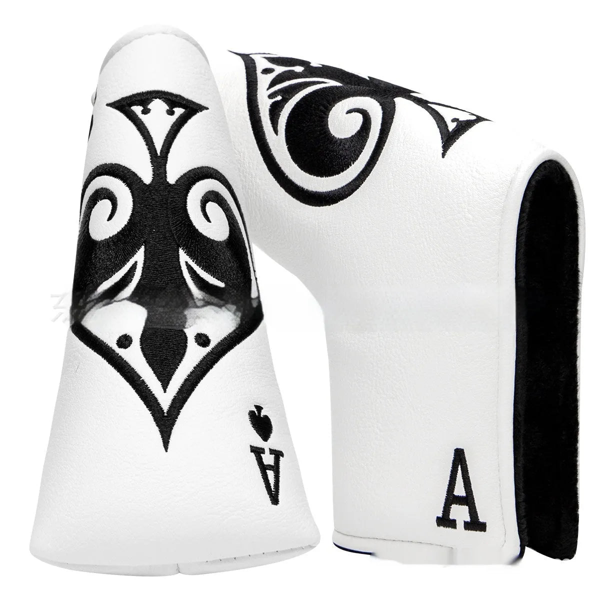 A black PU golf putter sleeve cover designed to protect a standard-sized club head.