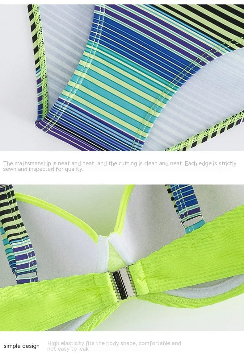 Green women's halter bikini set with printed briefs in polyester fabric