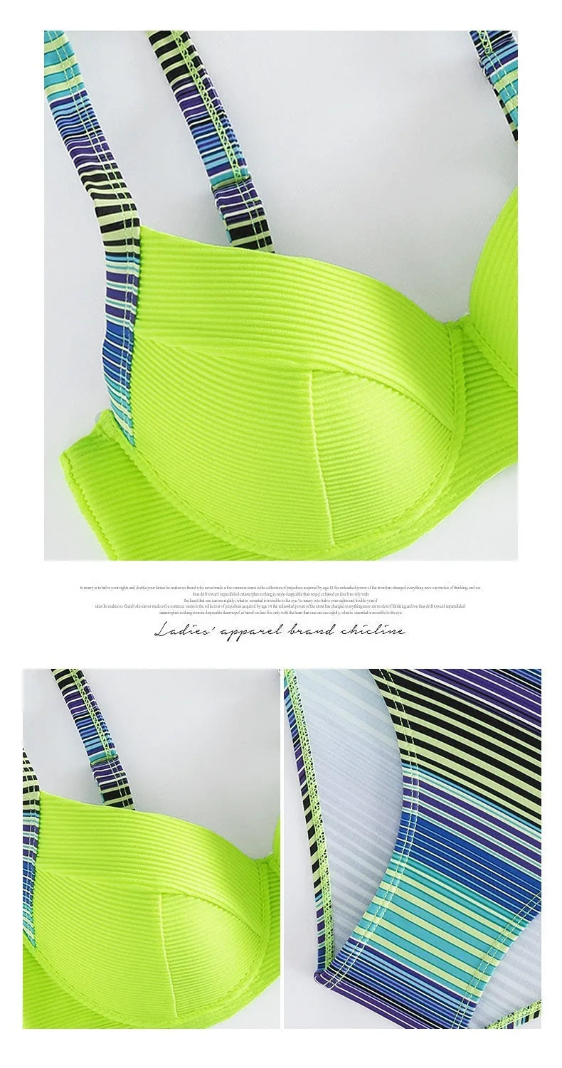 Green women's halter bikini set with printed briefs in polyester fabric