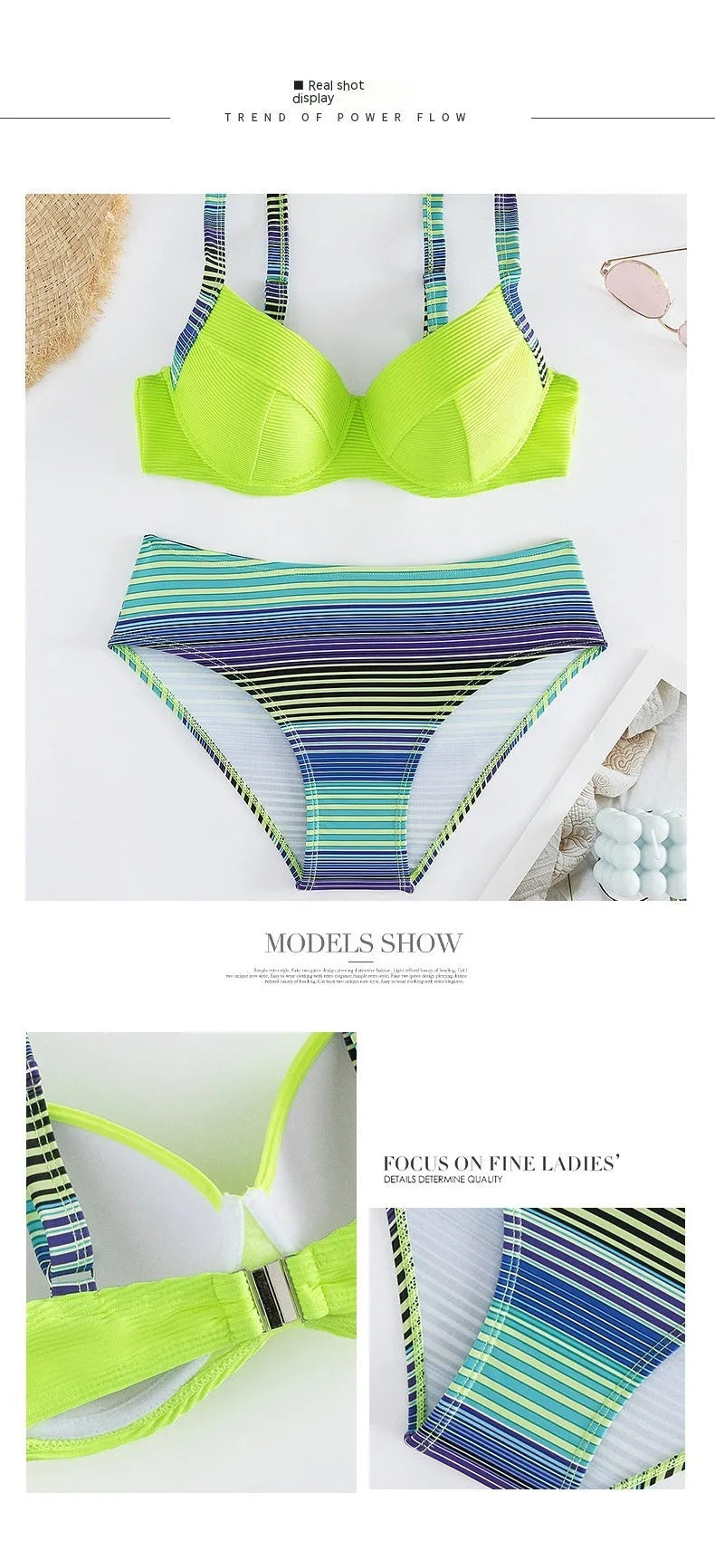 Green women's halter bikini set with printed briefs in polyester fabric