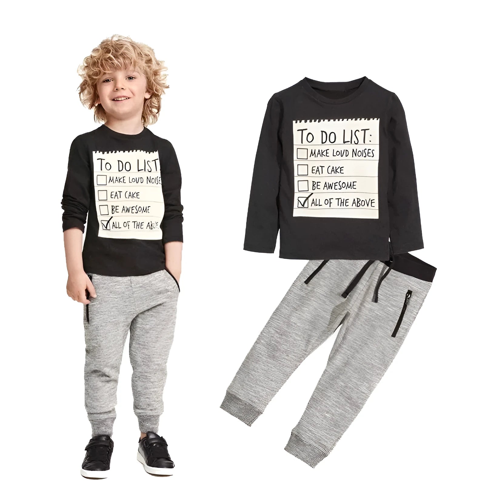 Boys' blue cotton long sleeve t-shirt with letter print and matching pants, a two-piece casual clothing set.