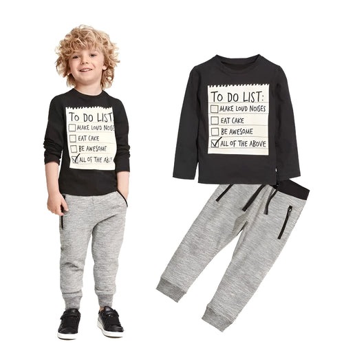 Boys' blue cotton long sleeve t-shirt with letter print and matching pants, a two-piece casual clothing set.
