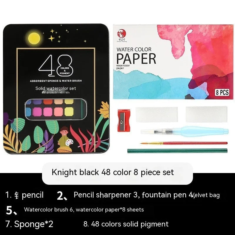Boxed set of 48 solid watercolour paint tablets including Black Knight, Girl Pink, and Sunshine Blue colours.
