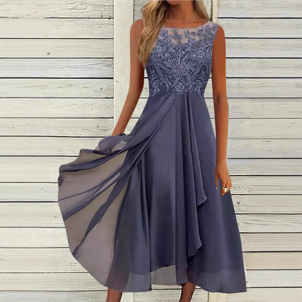 Women's sleeveless chiffon dress with lace hollow-out stitching, midi length, shown in blue.