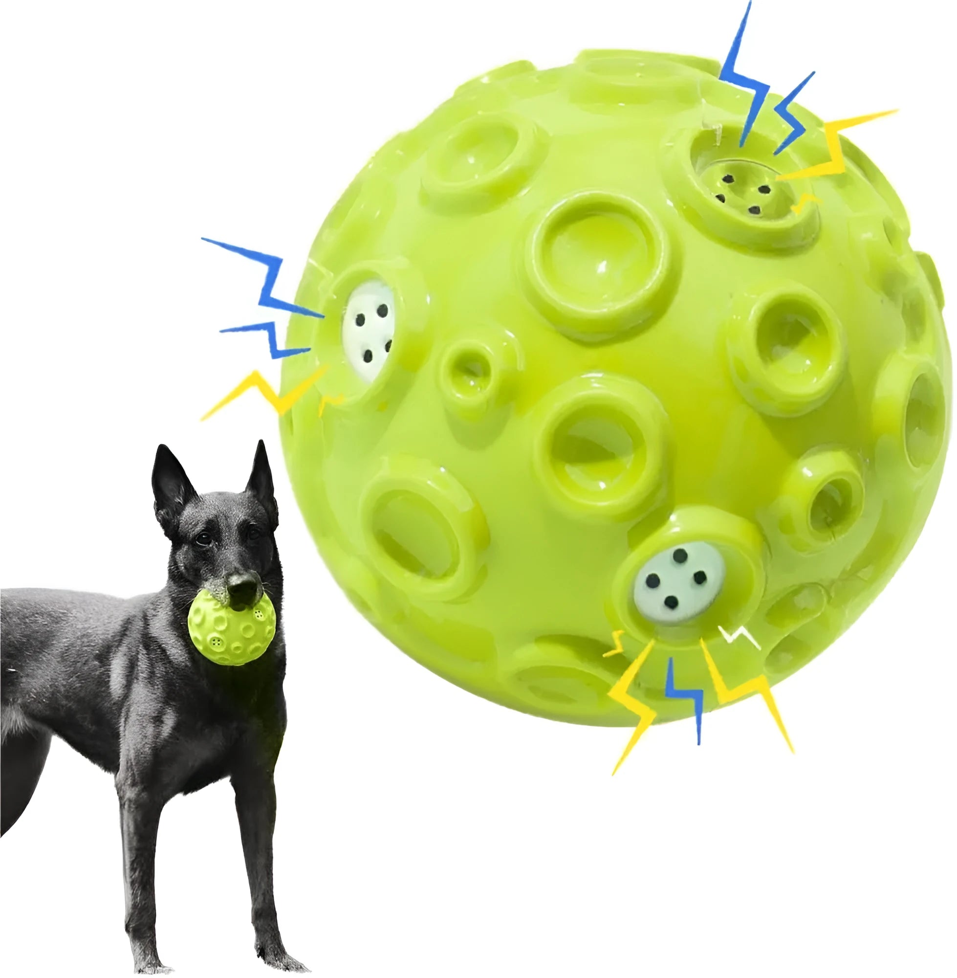 Durable dog toy ball for aggressive chewers with squeaky sound in black, blue, green, orange or yellow