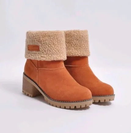 Women's suede mid-tube snow boots with a thick low heel in various colours