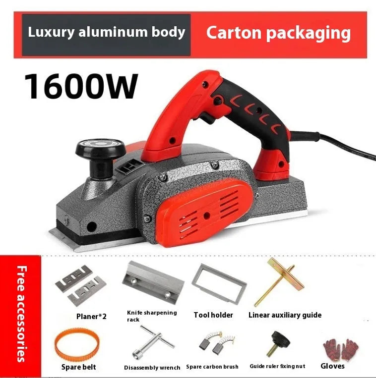 Red electric wood planer tool with aluminium shell showing 82mm cutting width
