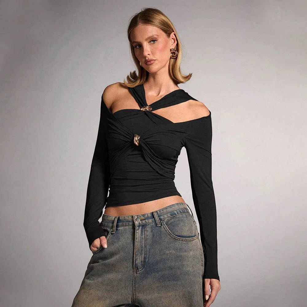 Black women's halter top with long sleeves and slim fit silhouette