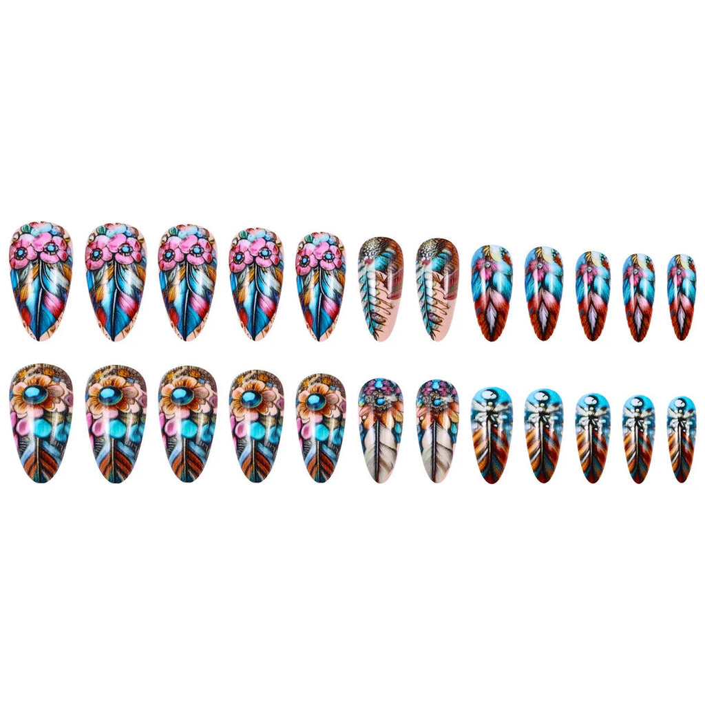 Colourful retro feather design nail art armour plates with cartoon, heart, and butterfly patterns.
