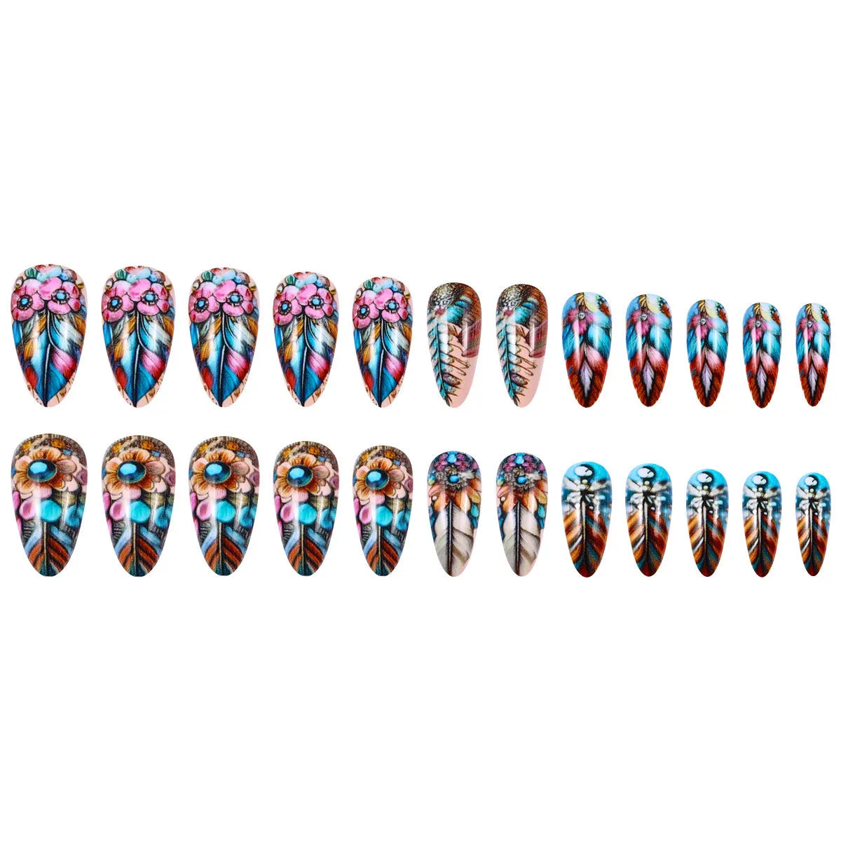 Colourful retro feather design nail art armour plates with cartoon, heart, and butterfly patterns.