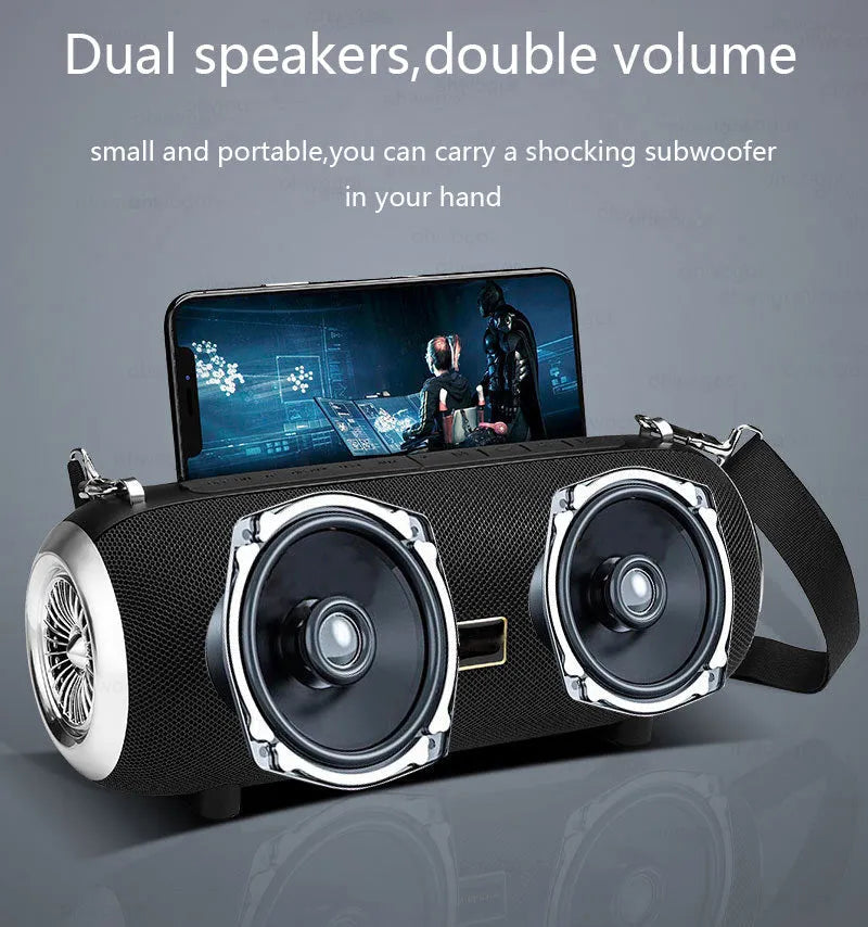 F666 mini square fabric Bluetooth speaker with shoulder strap in black, blue, camouflage, or red.