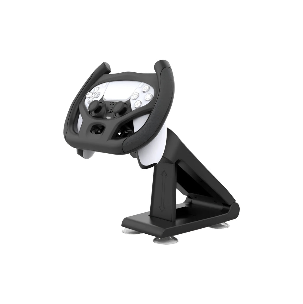 Black ABS plastic gamepad steering wheel bracket with suction cup, holding a smartphone for mobile racing games.