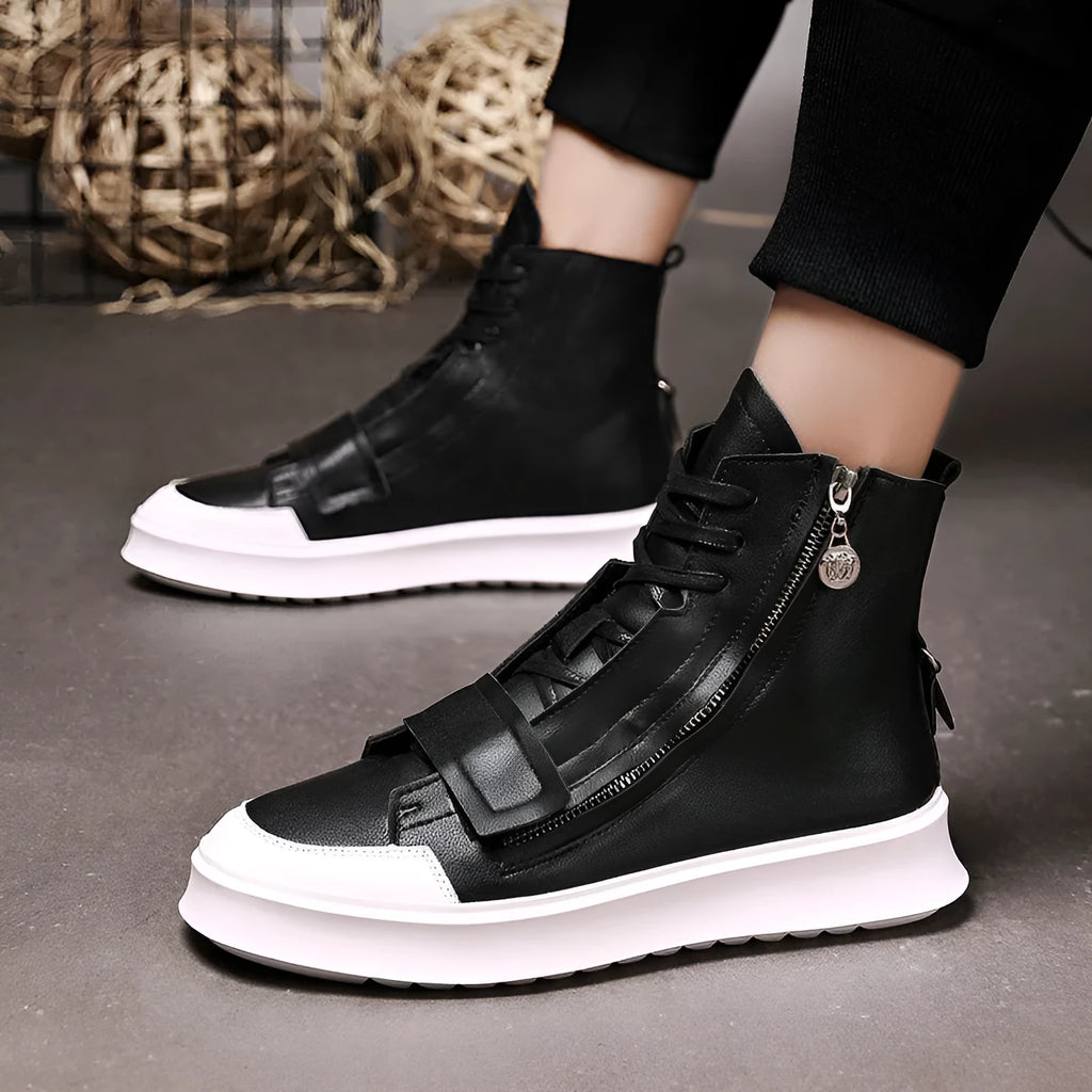 Men's black PU leather ankle boots with high-top sneaker design and microfiber upper