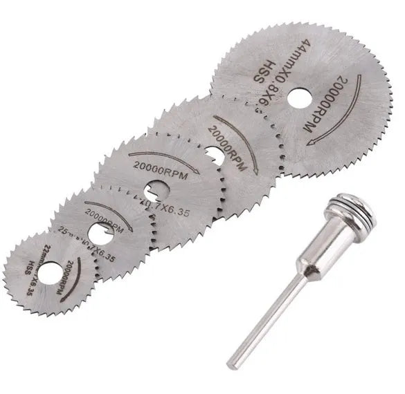 Set of six small high-speed steel circular saw blades and a mandrel for woodworking