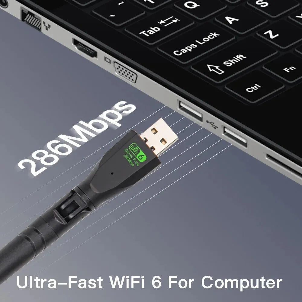Black WiFi 6 wireless network card with USB connector for PC connectivity
