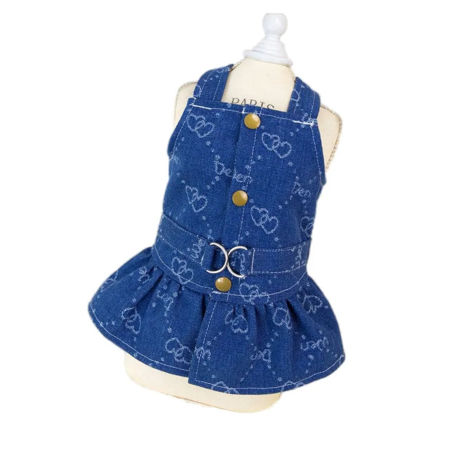Denim blue princess dress for small dog with bracket skirt style on Bichon Frise