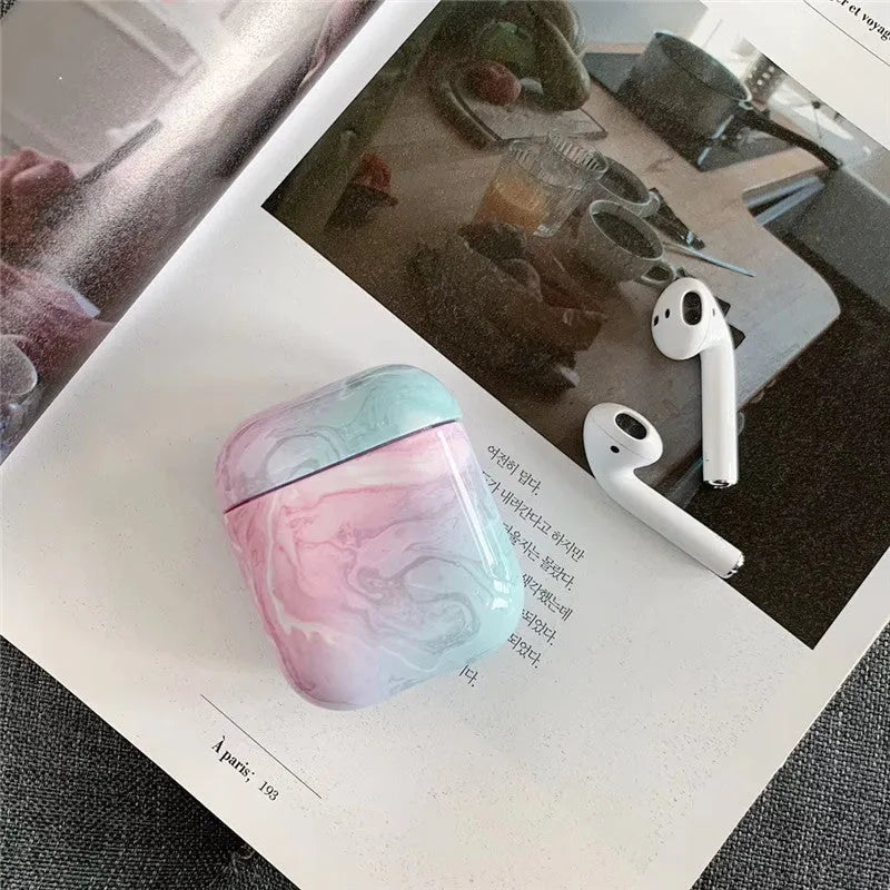 White marble effect protective hard case for Apple AirPods 1 and 2 wireless earphones