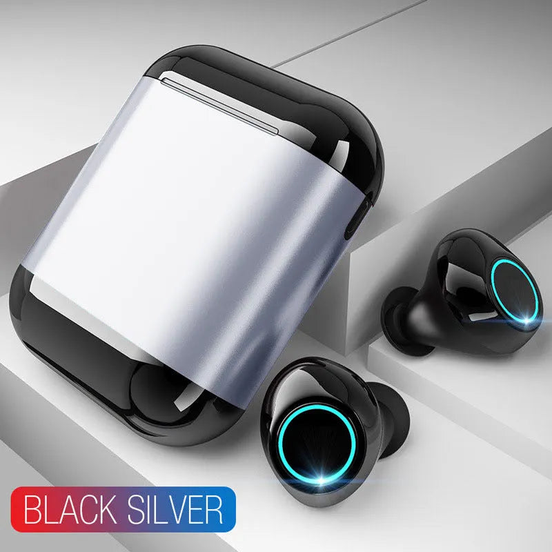 A pair of TWS wireless Bluetooth earpluds in black, gold, or light grey, shown with a charging case.