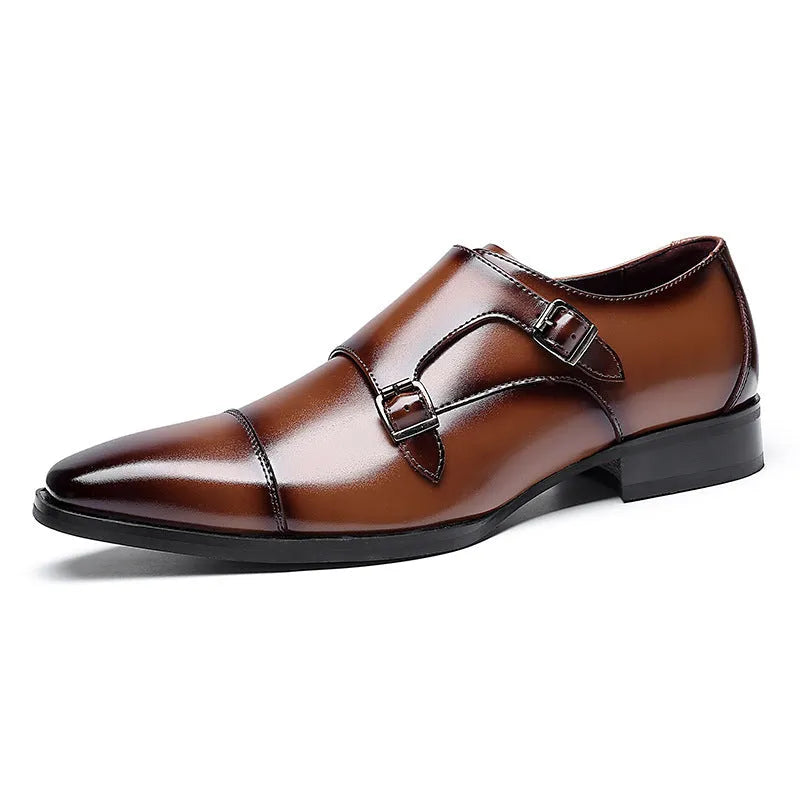 Men's black leather business shoes with square toe and rubber sole in British gentleman style