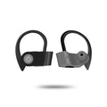 Black wireless Bluetooth earphones with ergonomic in-ear design and LED indicator light.