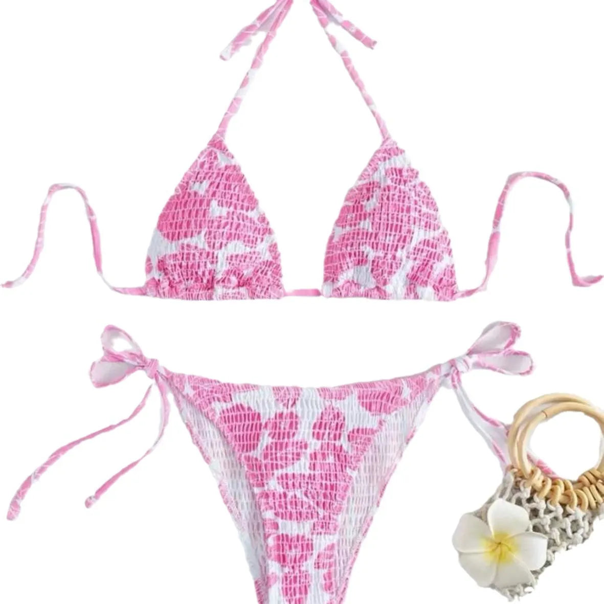 Women's halter neck swimsuit with floral briefs in light blue colour