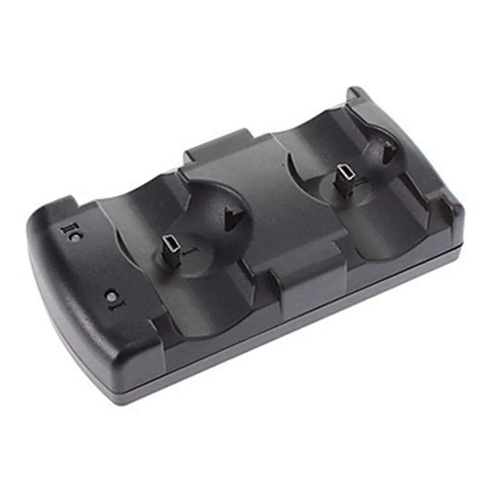 Black PS3 dual controller charging dock with two controller cradles and USB cable