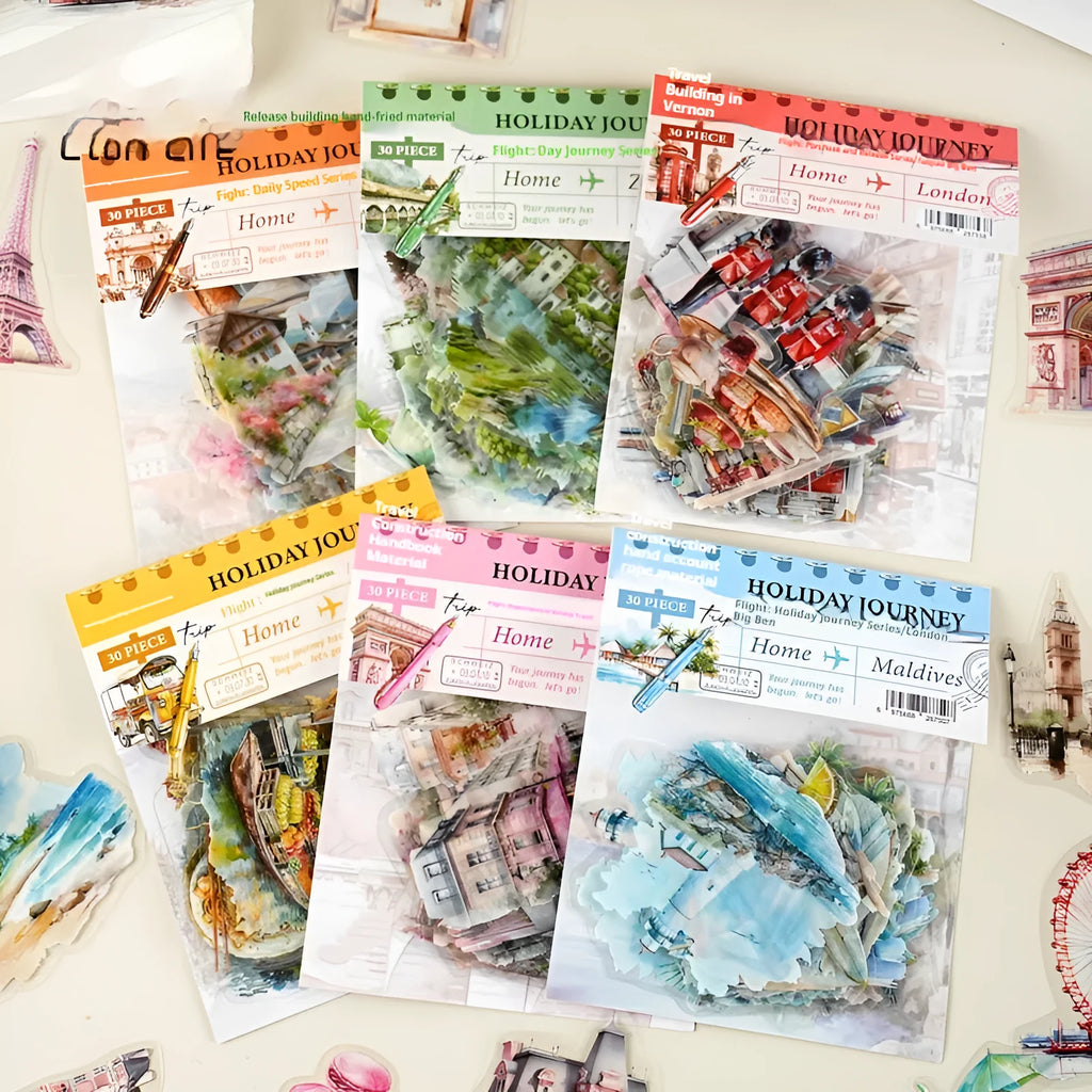 Holiday Journey Series architecture journal stickers in retro style showing six international landmark designs