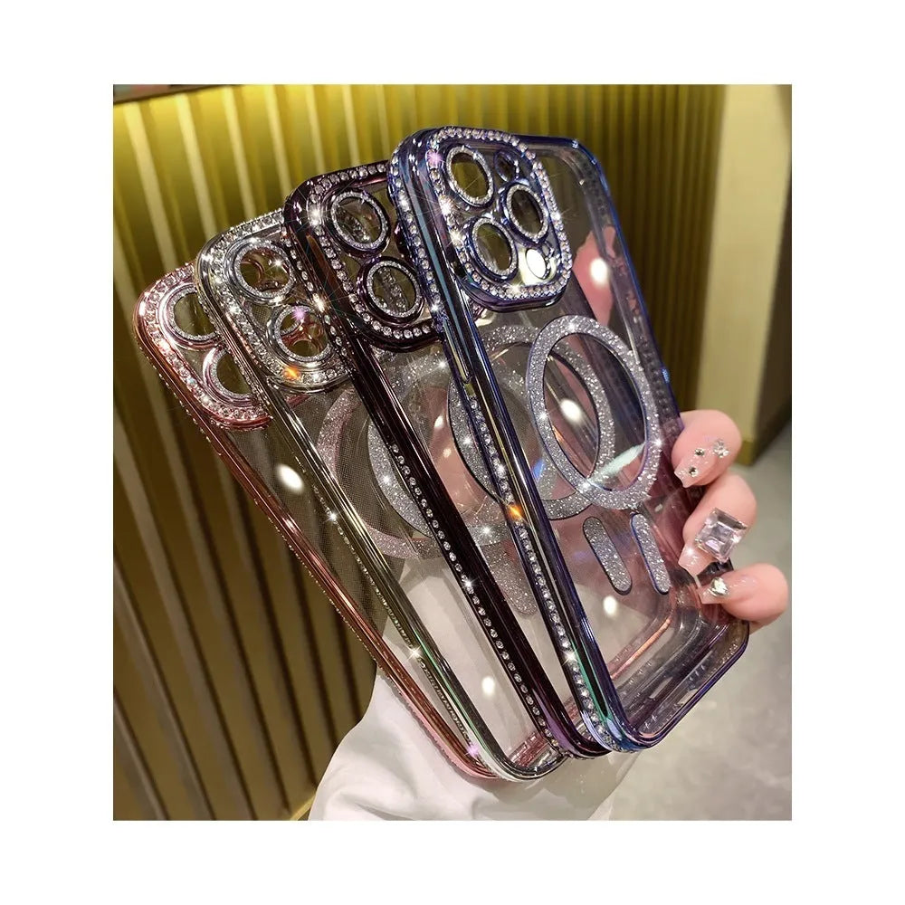 Magnetic wireless charging silicone phone case for iPhone in various metallic colours.