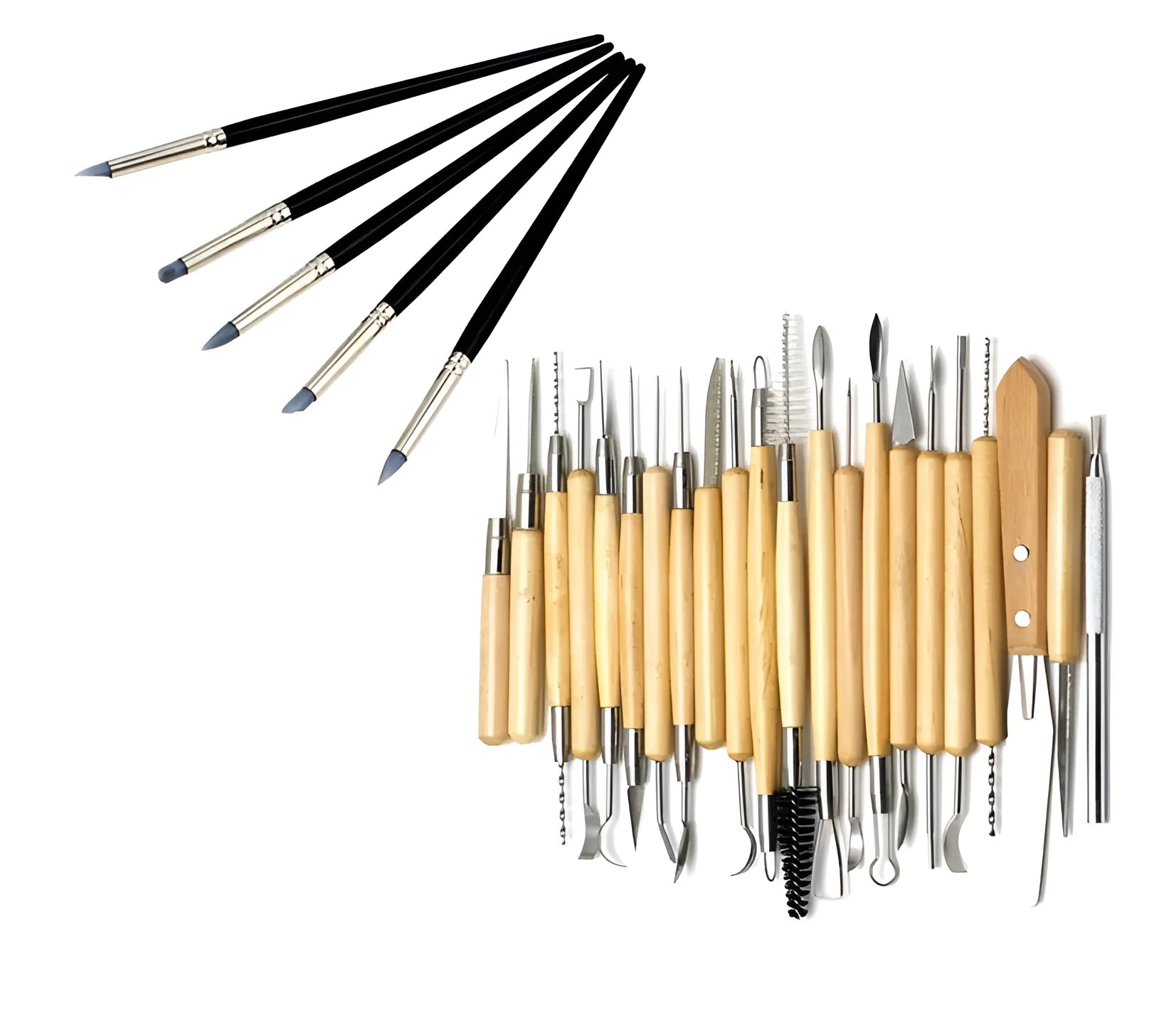27-piece pottery clay tool set containing stainless steel, wood, and plastic tools for sculpture work