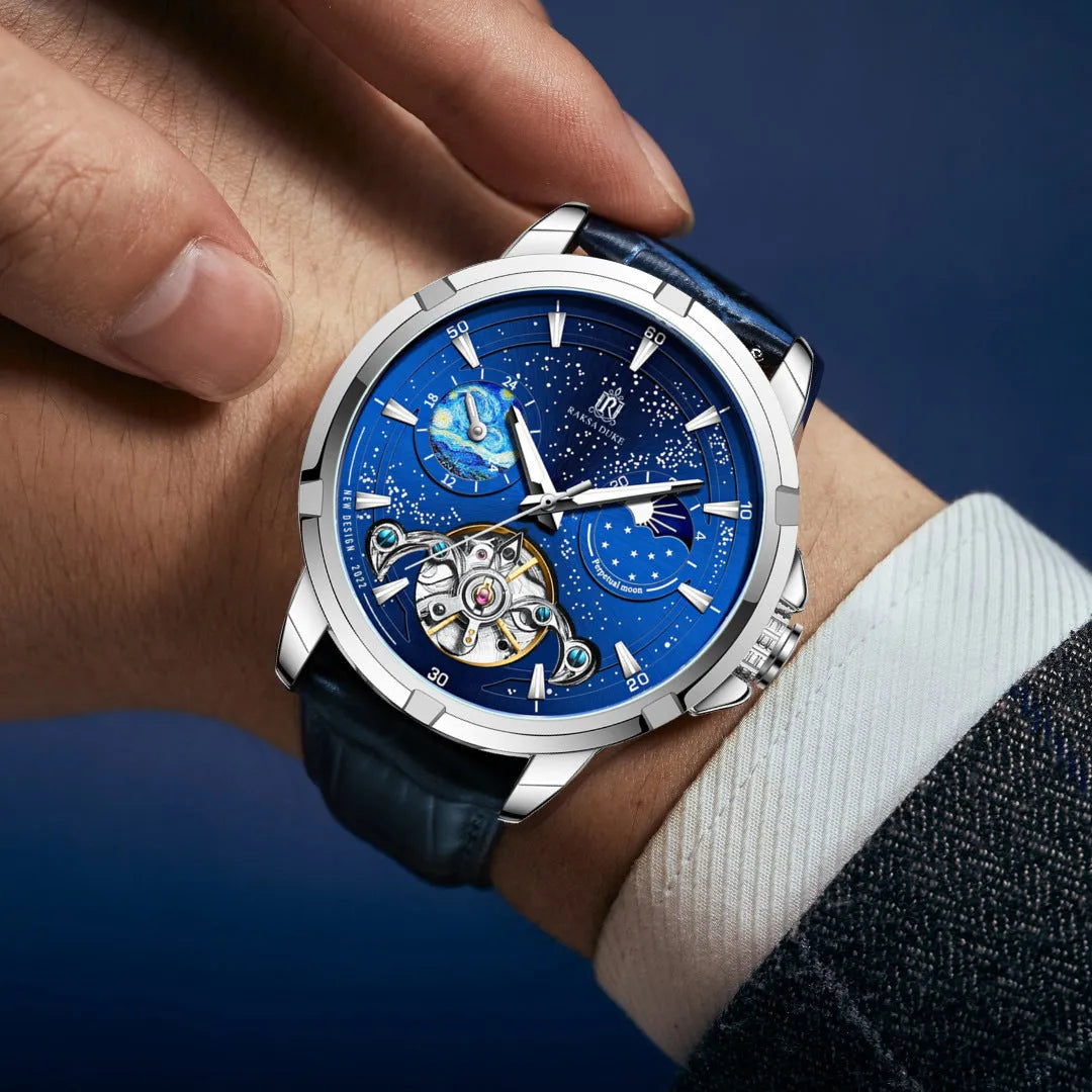Men's automatic mechanical watch with blue dial and transparent case back