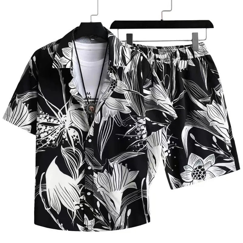 Man wearing a digitally printed short-sleeve cardigan and matching shorts from a casual suit set.