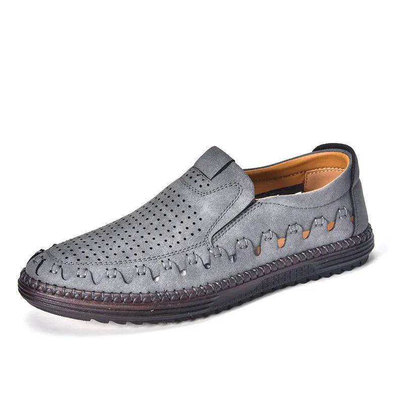 Men's brown slip-on casual shoes with round toe cap and hollowed-out sewing line detailing
