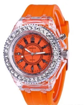 Women's LED luminous quartz watch with 43mm round dial and silicone strap