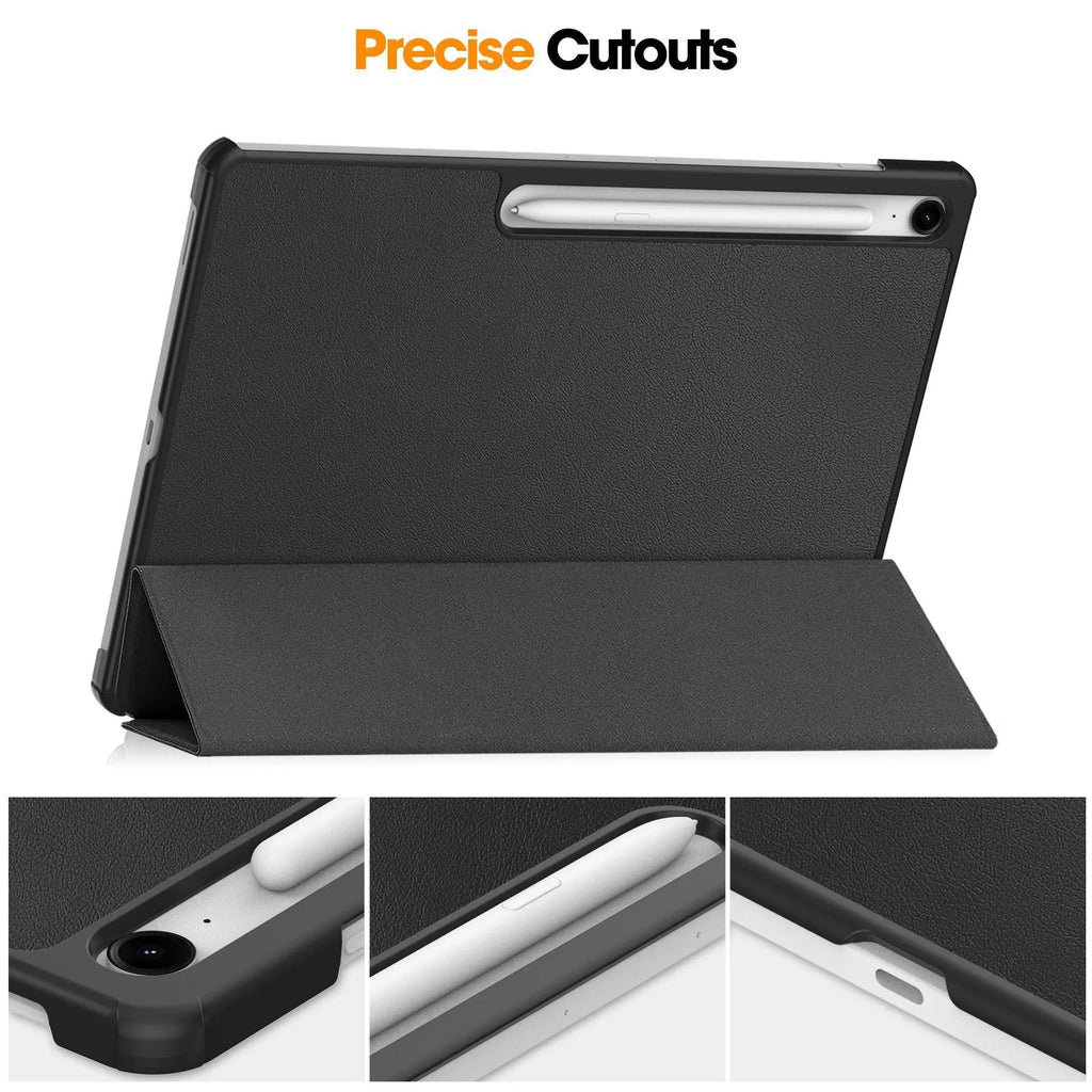 Samsung Tab S10 FE Plus 13.1 inch hard case in tri-fold stand mode showing silk screen design and microfibre lining