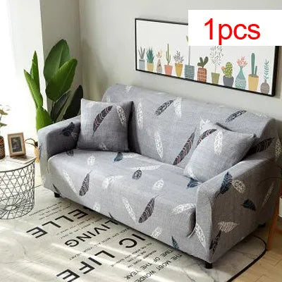 Printed stretch sofa cover with geometric pattern on three-seater sofa