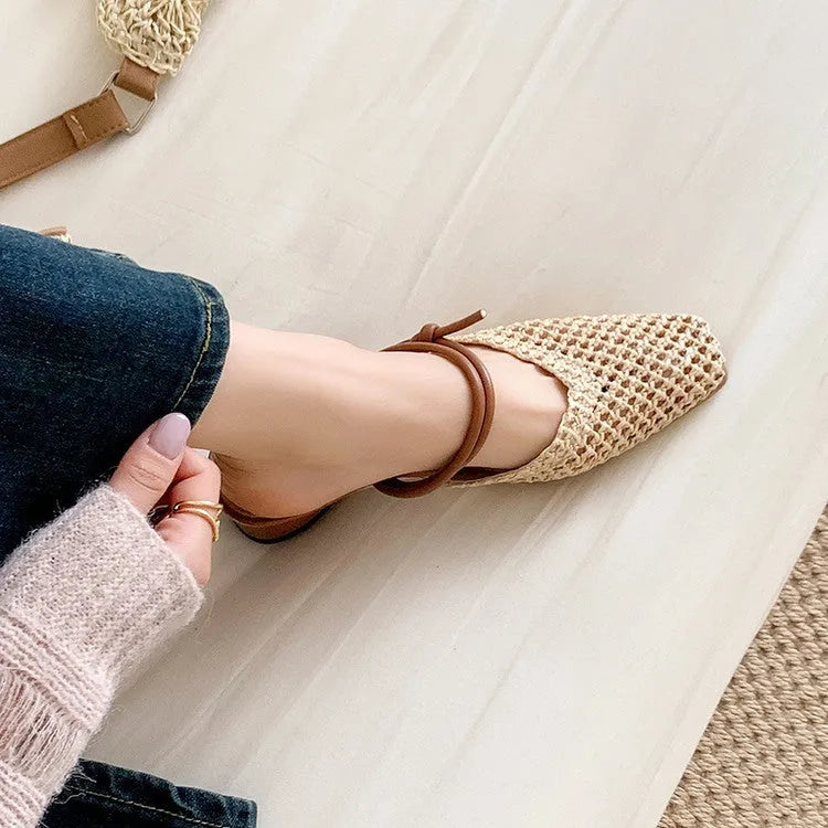 Women's French-style square toe outdoor slippers with hollow-out design and chunky retro heel