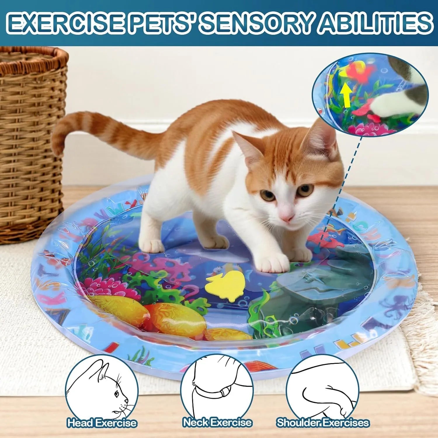 100cm square PVC water sensory playmat for cats with ocean fish design and floating toys