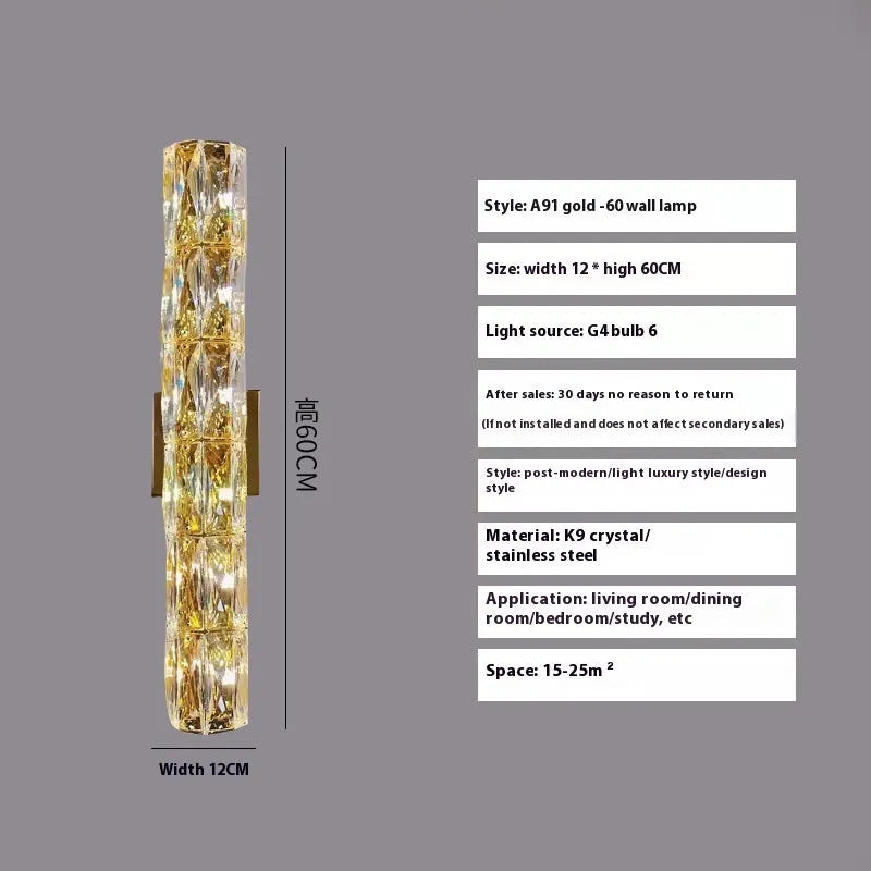 Crystal wall lamp with stainless steel frame in gold or chrome finish, mounted on a wall.
