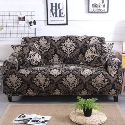 Printed stretch sofa cover with geometric pattern on three-seater sofa