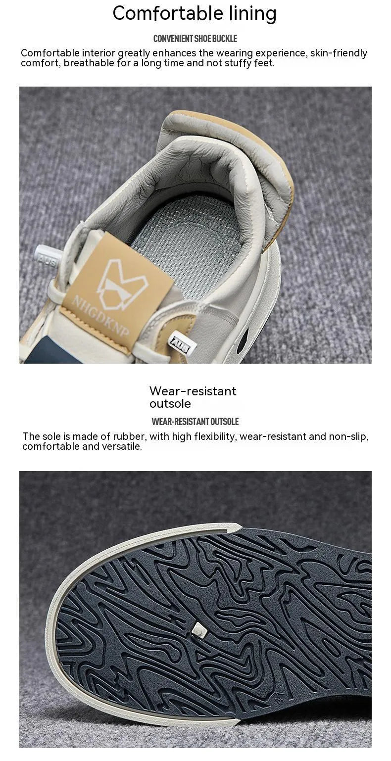 Men's beige low-top casual sneakers with elastic band and leather stitch details on microfiber upper.